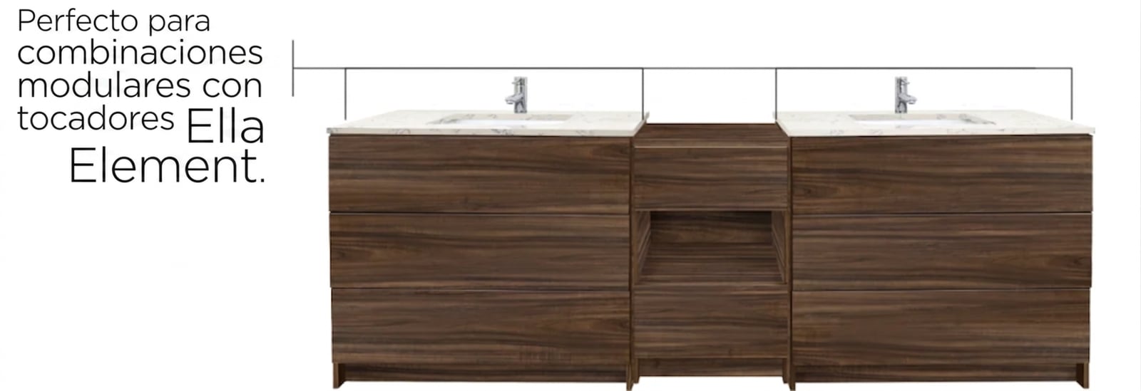 Conjunto de lavabo modular Ella Element con doble seno, acabado en madera de nogal, encimera de mármol y espacio abierto para las rodillas