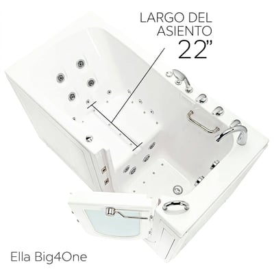 Vista interior de la bañera con puerta Ella Big4One destacando el asiento de 56 cm de longitud con hidromasaje, barra de apoyo y puerta abierta