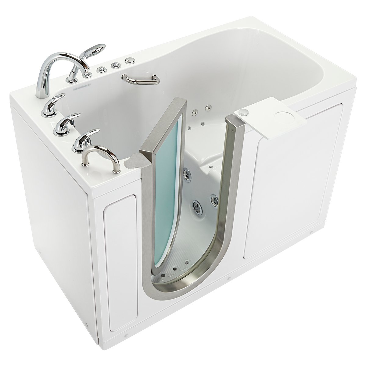 White Ella Deluxe walk-in tub with the stainless steel inward-swing door, chrome faucet set, and hydro massage jets