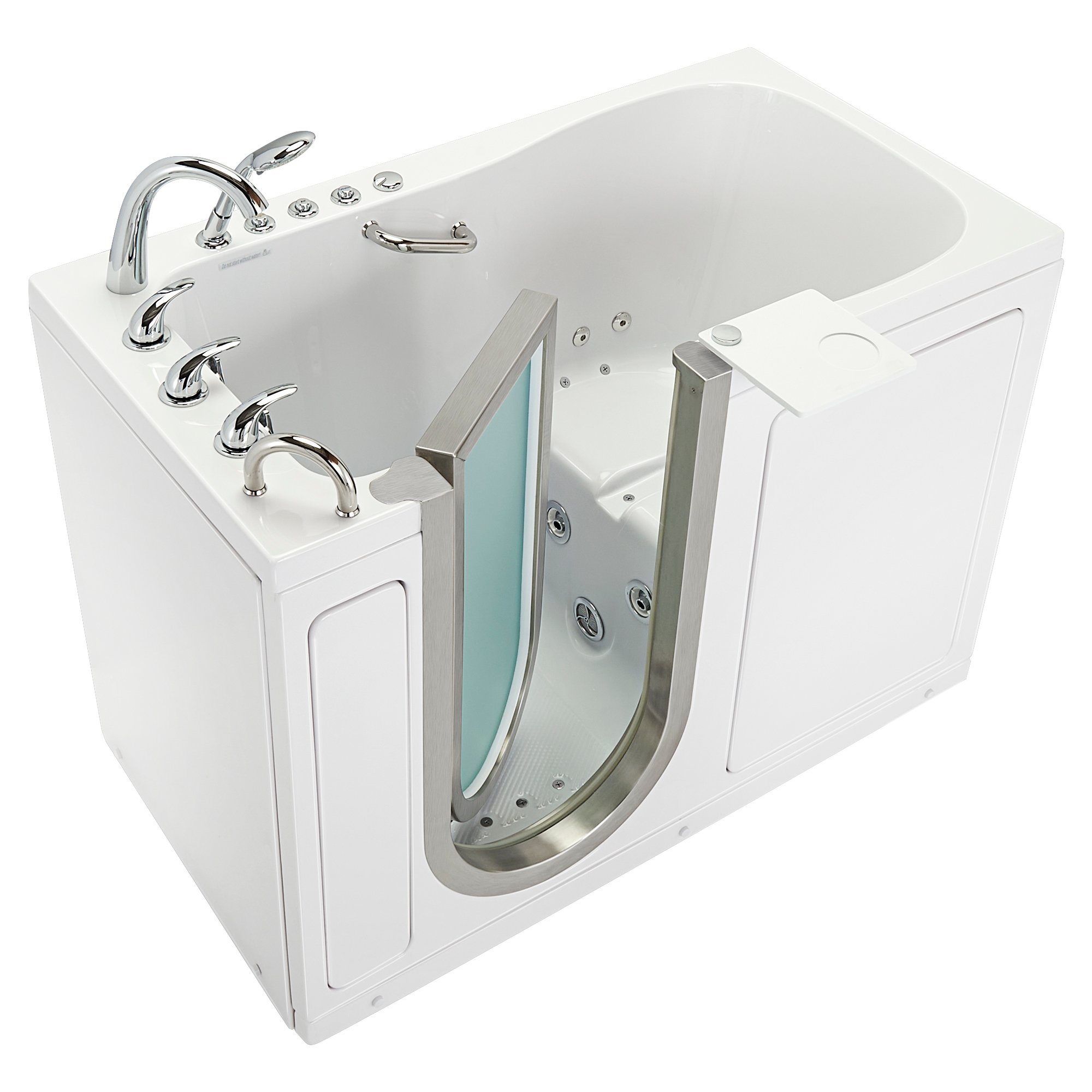 White Ella Deluxe 30x55 walk-in tub with stainless steel inward swing door, chrome 5-piece faucet and hydro jets