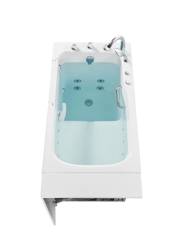 Overhead view of the Ella Standard 3052 walk-in tub filled with water showing hydro therapy jets and chrome faucet