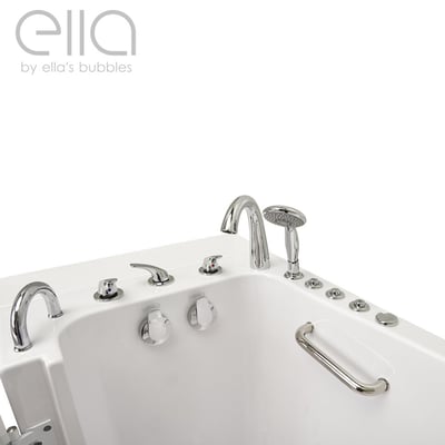 Close-up of Ella Transfer32 wheelchair accessible walk-in bathtub deck showing chrome faucet, handheld shower, controls, and grab bar