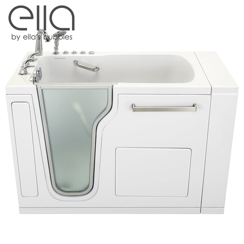 Baignoire à porte Ella Ultra avec porte battante intérieure sans cadre en aluminium brossé et verre dépoli, robinet chromé à remplissage rapide, barre d'appui et double vidange