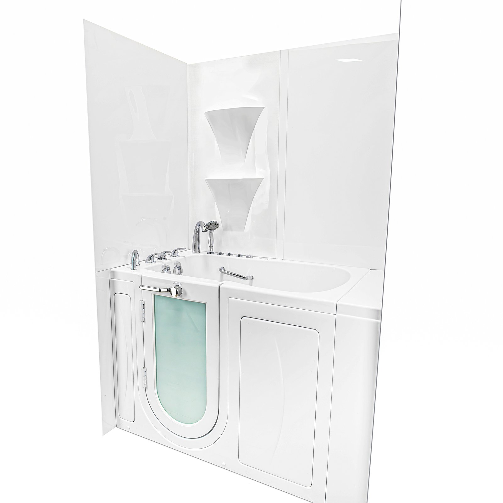 White acrylic Ella's Bubbles shower wall surround with corner shelves framing a jetted walk-in tub