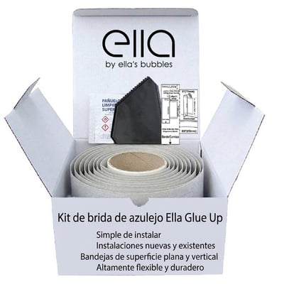 Caja abierta del kit de reborde para azulejos adhesivo de Ella's Bubbles que muestra el rollo de tira adhesiva, el rascador y la guía de instalación.