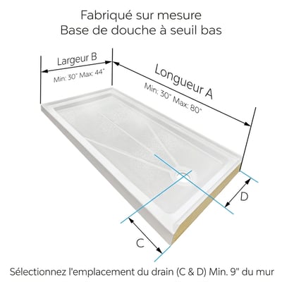 Schéma du receveur de douche Ella sur mesure à seuil bas, avec dimensions indiquées pour la longueur, la largeur et l’emplacement de la bonde