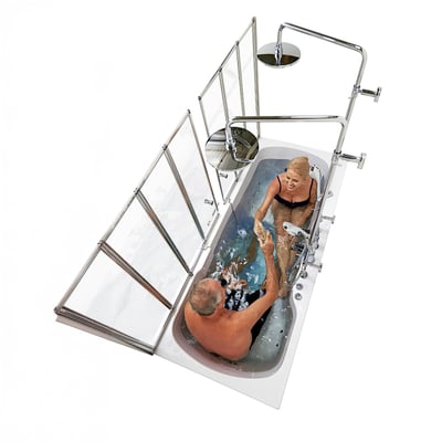 Couple relaxing together in the Ella Big4Two two-seat walk-in bathtub with hydro jets and overhead rain shower system