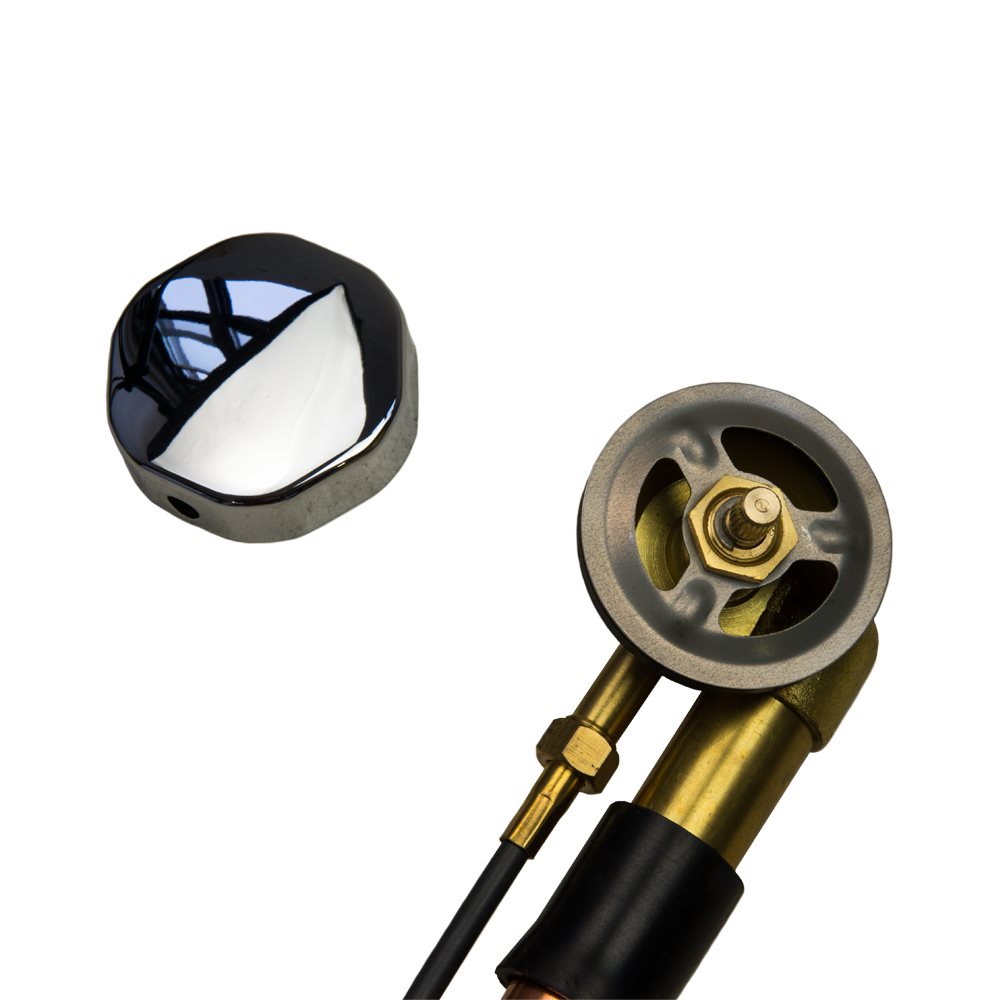 Ella walk-in tub drain assembly disassembled showing the chrome drain cap, brass drain body and the stainless drain cable