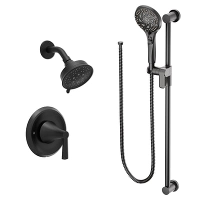 Matte black accessible shower system with wall-mount showerhead, single-handle valve, and handheld wand on adjustable slide bar