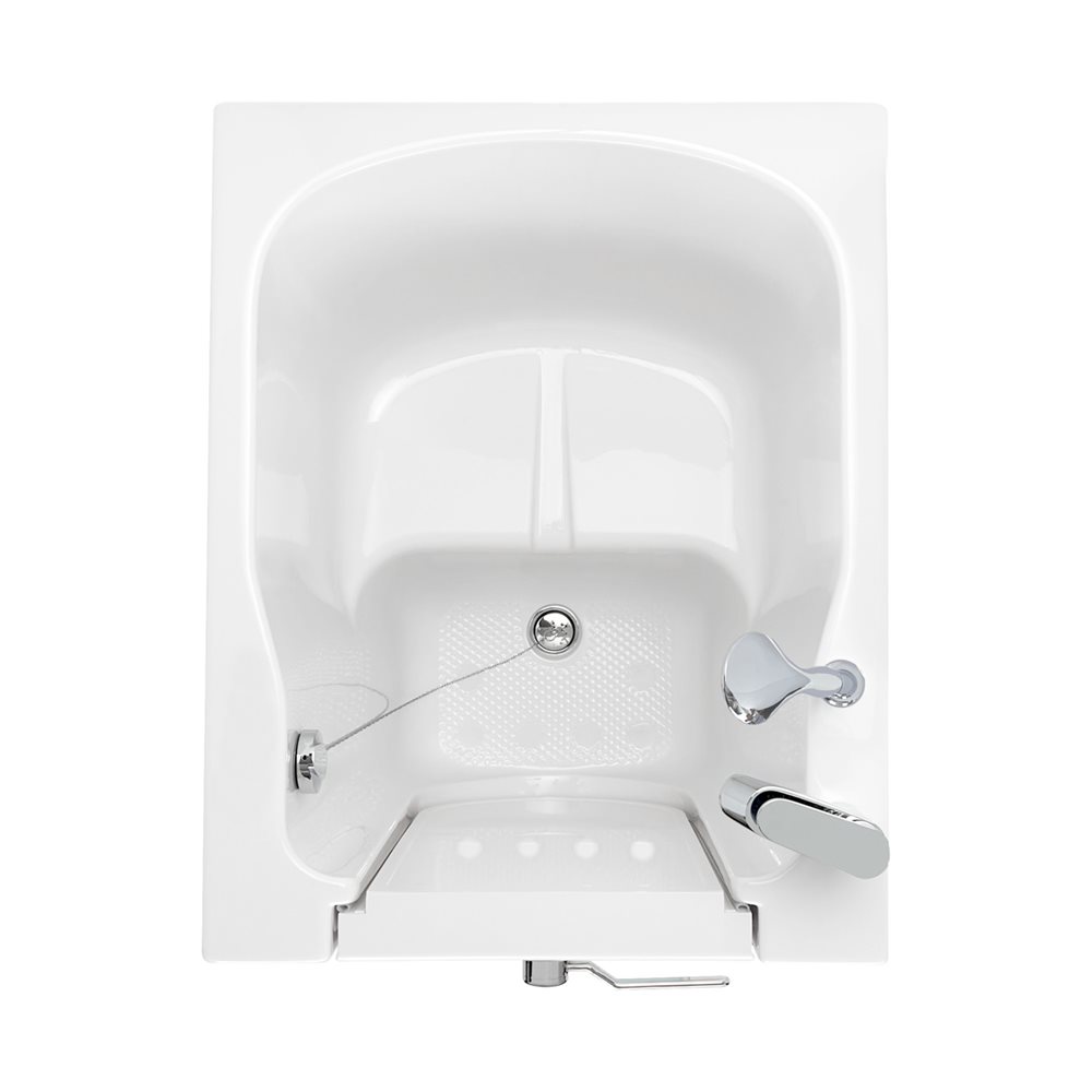 Top-down view of an Ella Front Entry walk-in tub in the soaking configuration with outward swing door, anti-slip floor, chrome faucet and drain