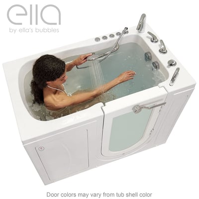 Woman using handheld showerhead while soaking in the Ella Monaco walk-in tub with outward swing door and hydro jets