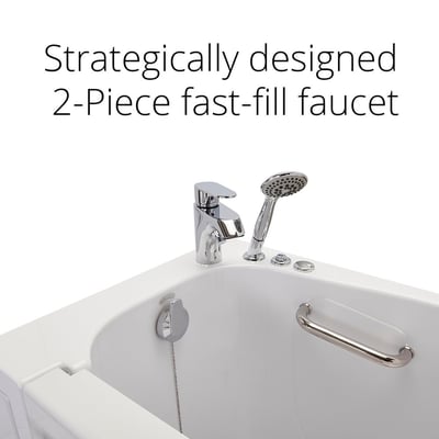 Close-up of chrome 2-piece fast-fill faucet and handheld sprayer on an Ella walk-in tub with grab bar
