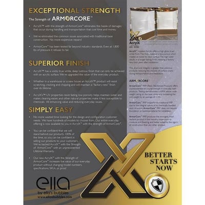 Ella's Bubbles ArmorCore promotional flyer highlighting exceptional strength, superior finish, and AcrylX material benefits