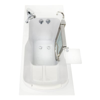 Overhead view of Ella Elite walk-in tub with dual drain, open door, built-in seat, and chrome faucet fixtures
