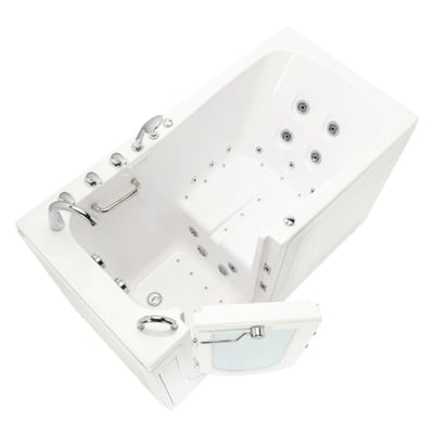 Overhead view of Ella Big4One walk-in tub with outward swing door, hydro jets, anti-slip floor, and chrome fixtures