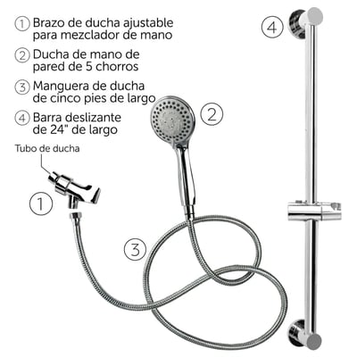 Diagrama etiquetado de kit de ducha de mano cromado: brazo ajustable, ducha de mano de 5 chorros, manguera de 5 pies y barra deslizante de 24 pulgadas
