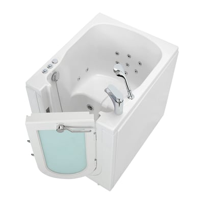 Baignoire à porte Ella blanche avec porte d’entrée frontale à ouverture vers l’extérieur ouverte, montrant le système d’hydro et micro jets, robinet chromé, 32x40 pouces