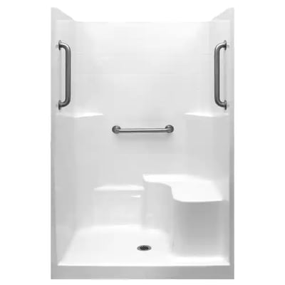 White Ella accessible shower stall with built-in seat, stainless steel grab bars, and center drain on a low-threshold base