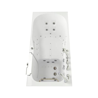 Overhead view of Ella's Shak walk-in bathtub with dual hydro and air massage jets, chrome faucet set, and outward swing door - 36x72 inch
