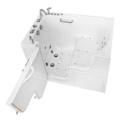 White Transfer XXL wide-door walk-in tub with outward swing door open showing hydro jets, built-in seat, and chrome faucet