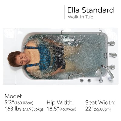Overhead view of a woman relaxing in the bubbling Ella Standard walk-in tub showing 22-inch seat width fit