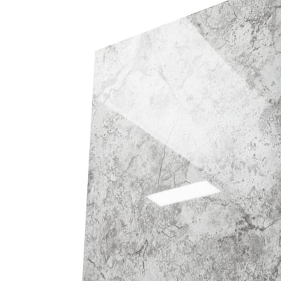 Close-up corner view of a limestone-patterned acrylic shower wall panel with glossy light reflections