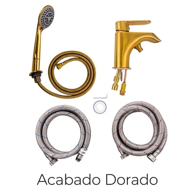 Kit de grifo para bañera de puerta en acabado dorado con mango de ducha, grifo monomando, manguera y líneas de suministro