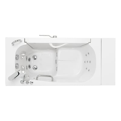 Overhead view of the Ella Transfer26 ADA accessible walk-in tub showing hydro jets, grab bar, anti-slip floor, and chrome faucet controls