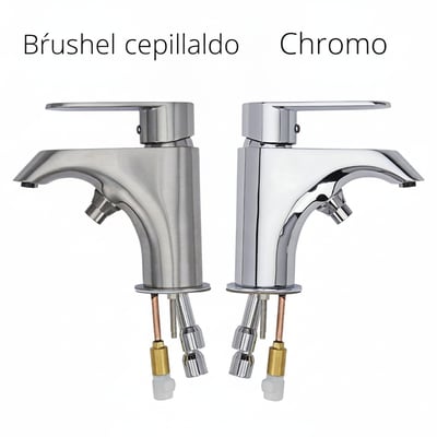 Comparativa en paralelo del grifo monomando Ella en acabados de níquel cepillado y cromo con las líneas de suministro visibles