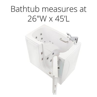Ella Mobile walk-in tub 26x45 inches with open outward swing door showing hydro jets and chrome faucet fixtures