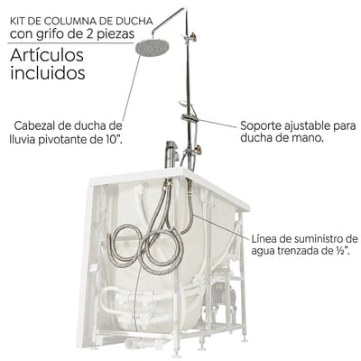 Kit de columna de ducha para bañera Ella con grifo de 2 piezas que muestra el cabezal de ducha de lluvia, el soporte ajustable para la ducha de mano y las líneas de suministro de agua trenzadas