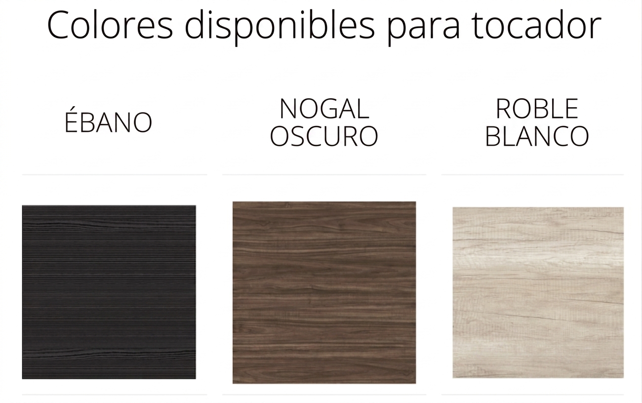 Muestras de acabado de los muebles con lavabo Ella con las opciones de melamina Ebony, Dark Walnut y White Oak