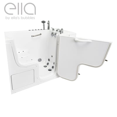 Ella Transfer30 ADA accessible walk-in tub with wide outward-swinging door open revealing hydro massage jets and grab bar