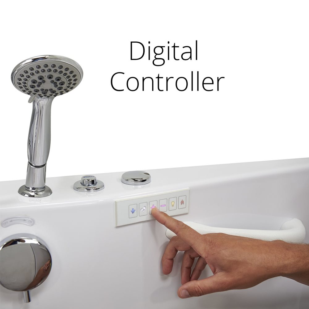 Hand pressing a button on the digital controller panel of an Ella ShaK walk-in tub