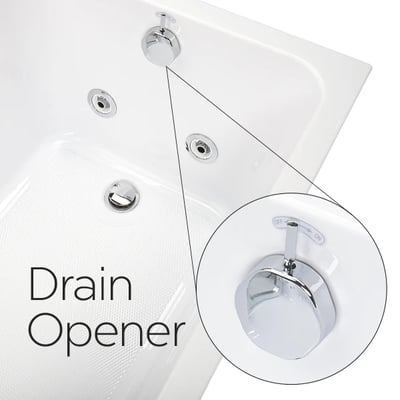 Gros plan de la commande d’ouverture du drain chromée sur la baignoire à porte Ella Acrylic Laydown 72 avec fond antidérapant
