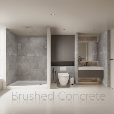 Brushed Concrete grout-free interlocking shower wall panels lining a modern walk-in shower stall with white base
