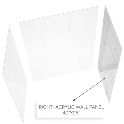 Diagram showing the right acrylic wall panel 40x98 inches with CNC engraved tile pattern for accessible shower stall installation