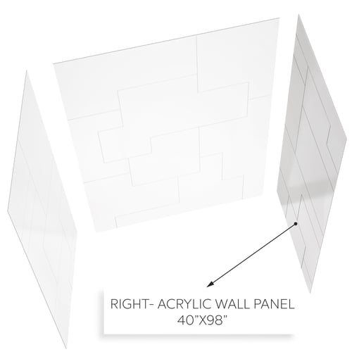 Diagram showing the right acrylic wall panel 40x98 inches with CNC engraved tile pattern for accessible shower stall installation