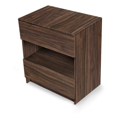 Mueble de lavabo de pie Ella WN en acabado nogal, con dos cajones y estante central abierto para almacenamiento en el baño