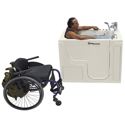 Man soaking in the Ella Transfer30 ADA accessible walk-in tub with a mobility aid parked beside it