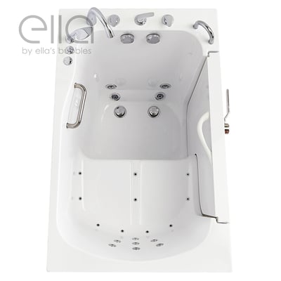 Overhead view of Ella's Bubbles Ola walk-in tub showing hydro and air jets, grab bars, faucet set, and side door entry