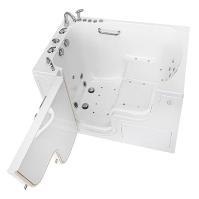 Bañera con puerta Ella Transfer XXL blanca con puerta abierta, jets de hidromasaje, asiento integrado y grifería cromada sobre fondo blanco
