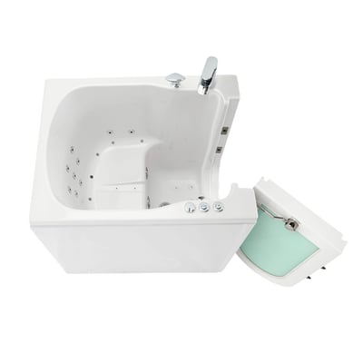 Baignoire à porte à entrée frontale avec porte battante vers l’extérieur ouverte, montrant les jets intérieurs, le siège intégré, le sol antidérapant et le robinet chromé