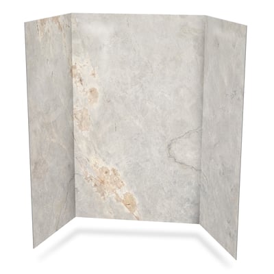 Three-panel Ella shower wall surround in Gilded Stone acrylic finish with warm beige and gray marble-look veining