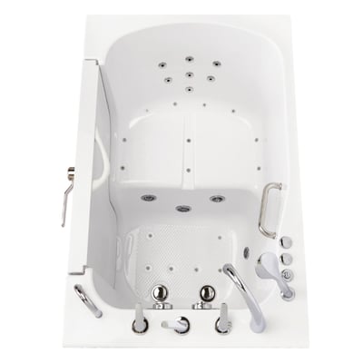 White TransferXXL outward swing door walk-in tub with air jets, grab bar, non-slip floor mat, and chrome faucet fixtures, ove