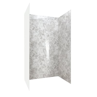 Three-panel acrylic shower wall kit in limestone marble finish shown from a side angle view
