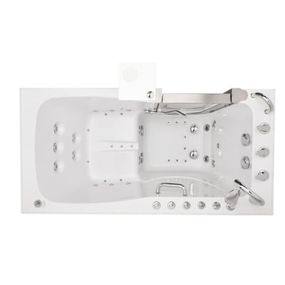 Overhead view of Ella's Ultimate walk-in tub with air, hydro, and foot massage jets, anti-slip seat, and chrome grab bars