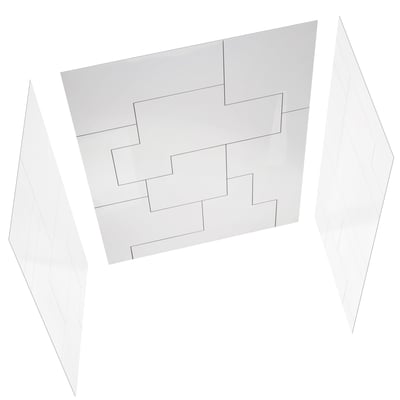 Exploded view of three white shower wall panels with CNC engraved geometric tile pattern on the back panel