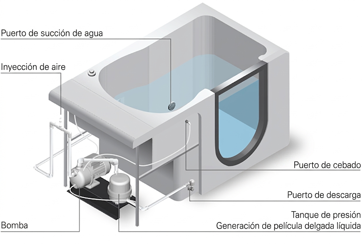 Diagrama de sección de la bañera con puerta Ella que muestra la bomba, el puerto de cebado, el puerto de descarga, el tanque de presión y el sistema de Infusion de microburbujas de película líquida