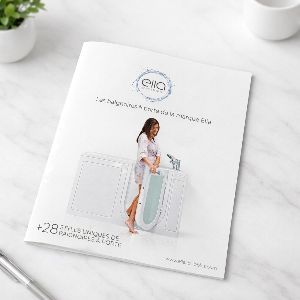 Catalogue de produits de baignoires à porte Ella's Bubbles sur une surface en marbre, montrant une femme en peignoir fleuri entrant dans une baignoire à porte.